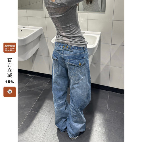 【F383】巴黎扣设计竹节牛仔裤