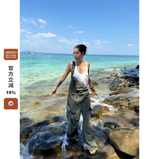 F383 美式复古做旧工装牛仔背带裤夏季设计感多口袋宽松直筒长裤