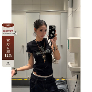 F383 美式复古十字印花正肩短袖T恤收腰修身内搭打底衫辣妹上衣女