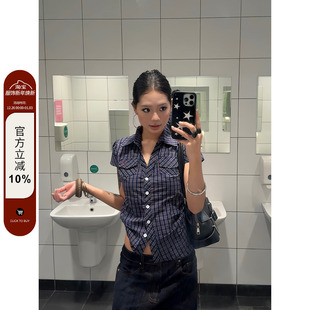 美式 百搭休闲掐腰修身 复古格子正肩短袖 女夏季 显瘦上衣 衬衫 F383