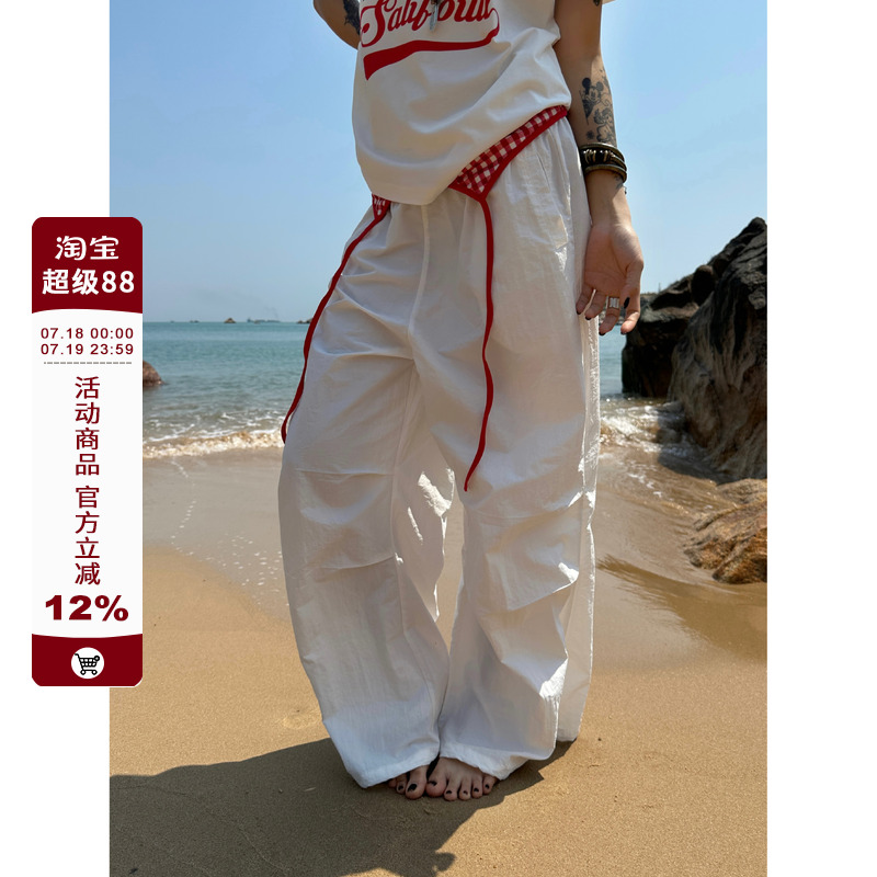 F383 2025美式复古假两件阔腿伞兵裤百搭设计感褶皱拖地休闲裤女