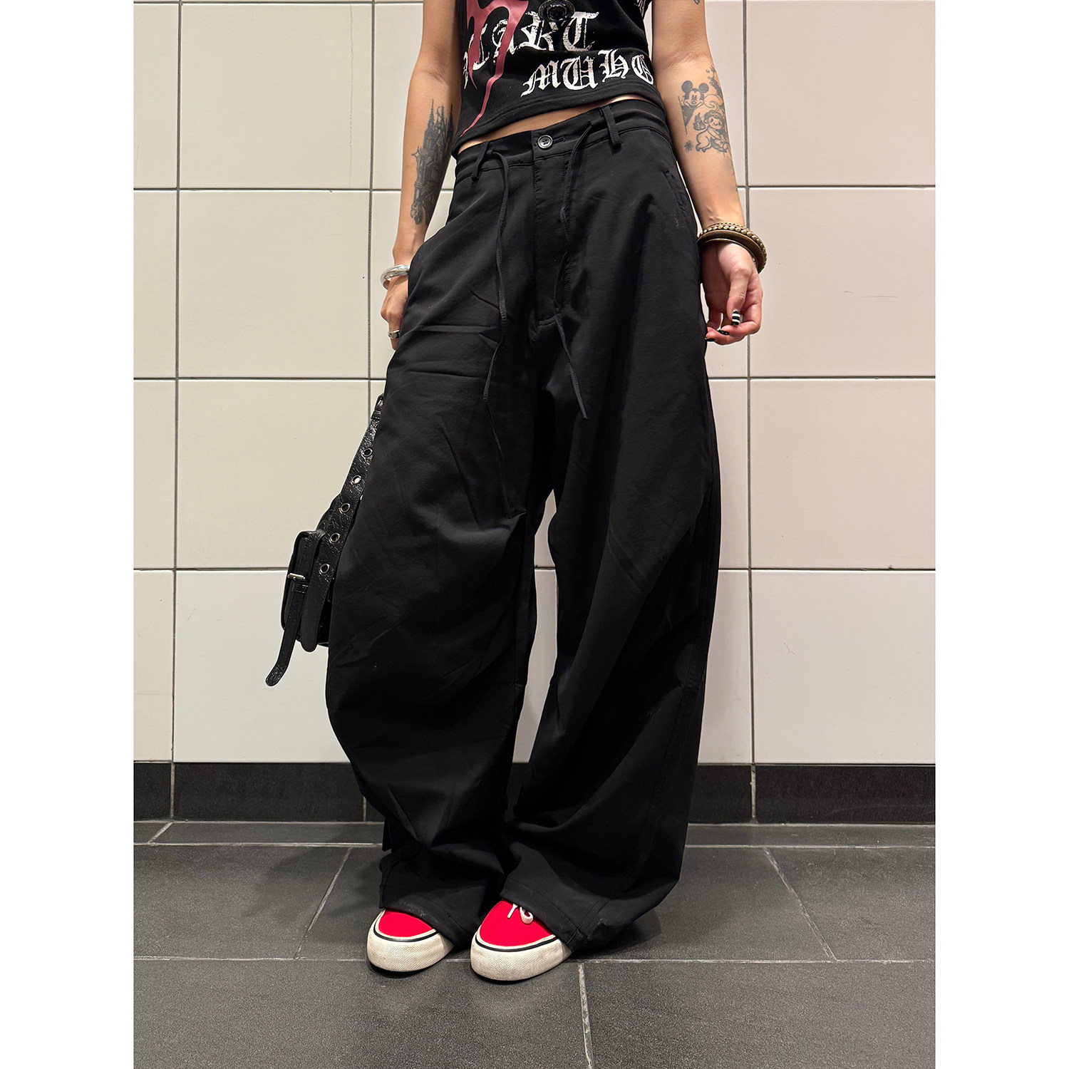 F383 美式复古褶皱系带西裤男女宽松直筒垂感阔腿伞兵运动休闲裤