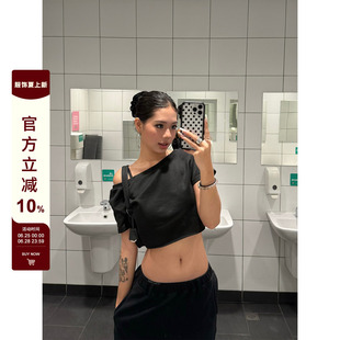 F383 美式复古纯色短款半截圆领斜肩短袖女夏季宽松显瘦百搭上衣