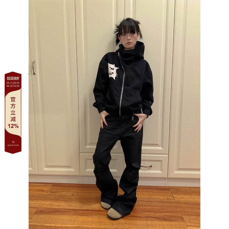 F383 2025美式重磅奇异拉链发泡连帽卫衣男女潮cleanfit宽松外套