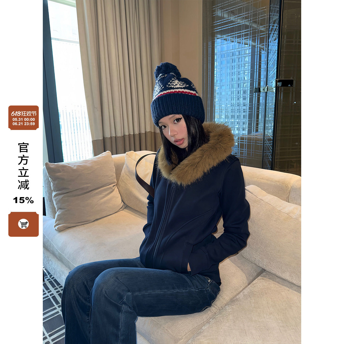 F383 美式复古毛领加绒连帽卫衣辣妹正肩修身收腰拉链保暖短外套