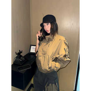 F383 美式复古酷飒风短款立领夹克外套女设计感高级感小众风衣ins