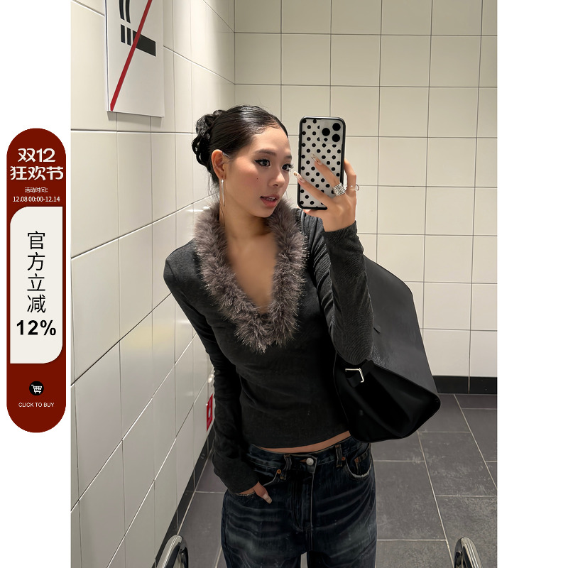 F383美式复古高级感毛毛V领长袖