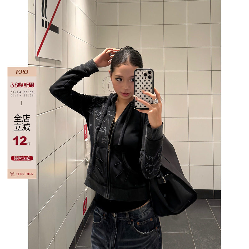 F383 美式复古涂鸦印花连帽开衫卫衣设计水洗休闲拉链女短款外套