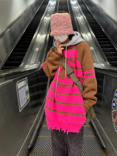 复古宽松条纹撞色圆领毛衣男女百搭长袖 F383 2022AW国潮原创美式