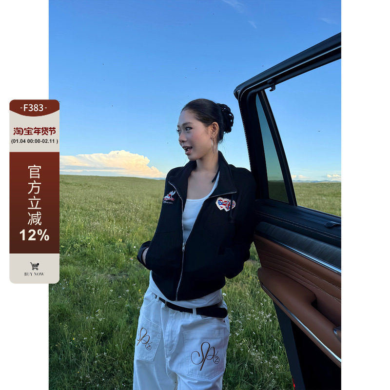 F383 美式复古美拉德爱心刺绣立领针织衫女秋季休闲修身显瘦外套