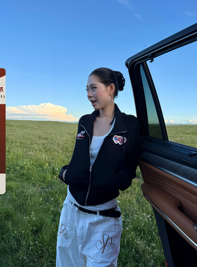 F383 美式复古美拉德爱心刺绣立领针织衫女秋季休闲修身显瘦外套