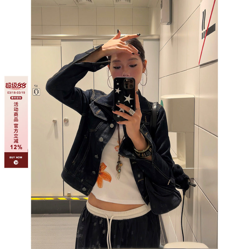 F383 2026美式復古解構質(zhì)感牛仔外套寬松廓形修身顯瘦工裝夾克女