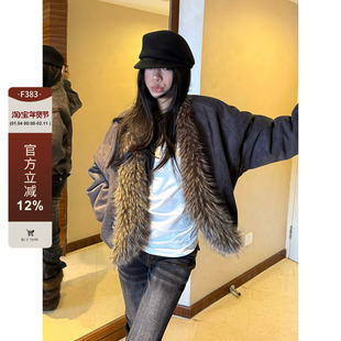 F383 美式复古重磅麂皮绒座山雕毛领棉衣女秋冬休闲加厚保暖外套