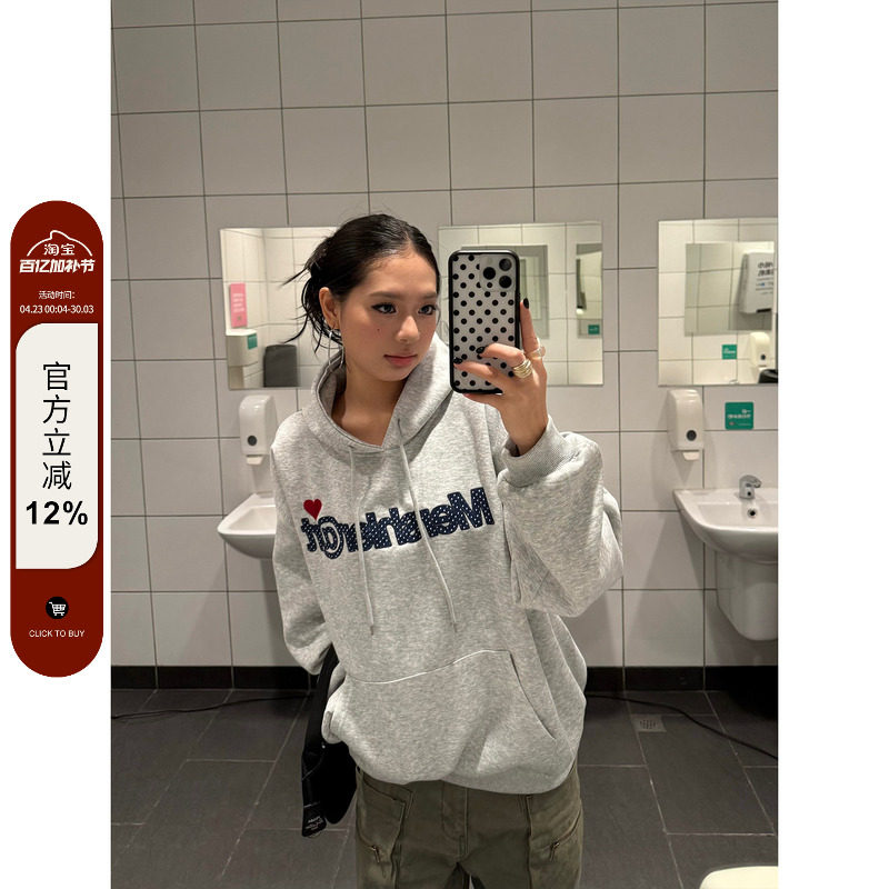 F383 美式复古桌球波点数字刺绣连帽卫衣情侣宽松休闲百搭上衣ins