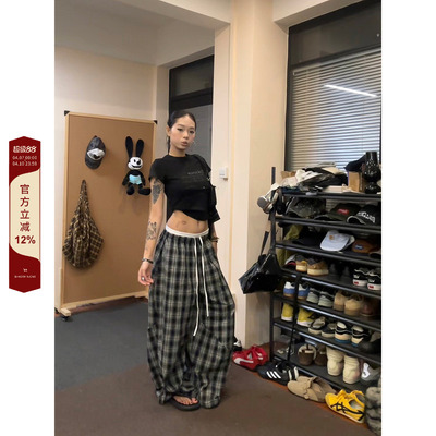 【F383】双腰头拼接格子裤