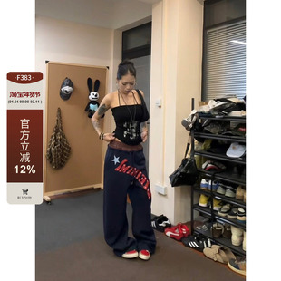 F383 美式复古双腰头字母印花运动卫裤男女慵懒风宽松阔腿休闲裤