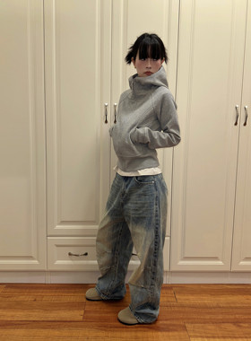 F383 2026灰色短款连帽卫衣女早秋新款修身显瘦长袖美式拉链外套