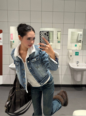 F383 美式复古羊羔绒牛仔夹克棉服男女短款加厚保暖翻领棉衣外套