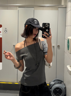 F383 美式复古斜肩星条旗帜印花短袖花灰色辣妹显瘦T恤上衣百搭潮