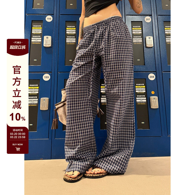 F383 美式复古薄款蓝色格子休闲长裤女夏季新款低腰宽松阔腿裤子