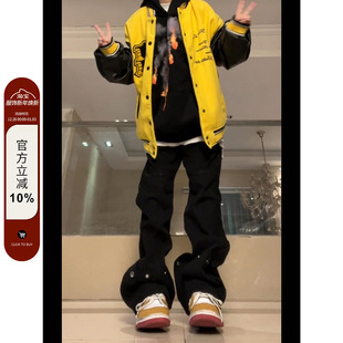 潮 男女宽松直筒显瘦微喇叭裤 F383 2022AW国潮原创纽扣设计感长裤