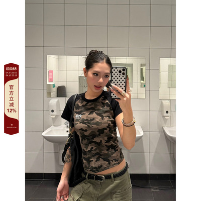 F383 美式复古短款收腰辣妹印花上衣女迷彩撞色短袖插肩袖百搭T恤