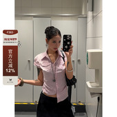 F383 女上衣百搭潮辣妹 短袖 夏季 粉色条纹正肩掐腰剪裁设计感衬衫