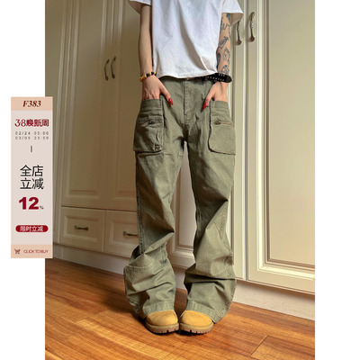 【F383】拉链口袋工装裤