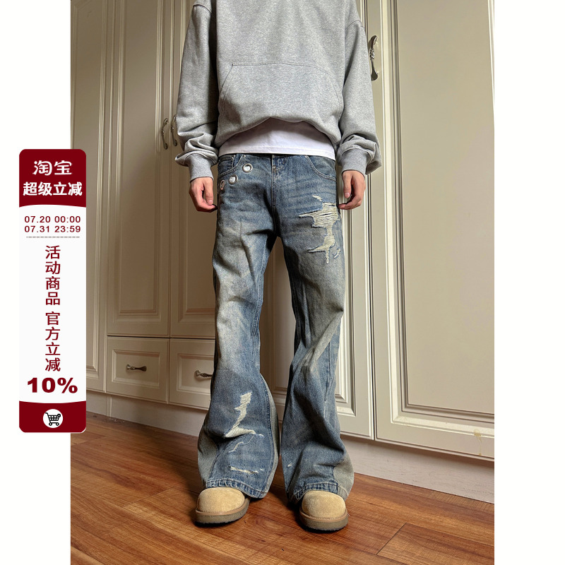 【F383】双腰头割破牛仔裤