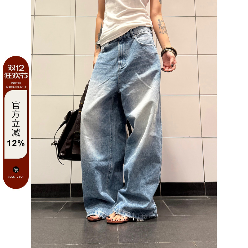 F383做旧水洗蓝色直筒牛仔裤