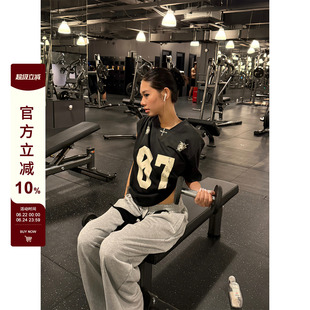 F383 美式复古数字印花黑色短袖T恤男女夏季水洗做旧宽松百搭上衣