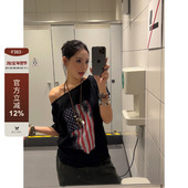 复古旗帜印花斜肩短袖 F383 2025美式 宽松T恤百搭辣妹休闲慵懒风女