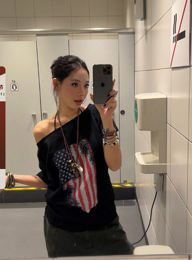 F383 2025美式复古旗帜印花斜肩短袖宽松T恤百搭辣妹休闲慵懒风女