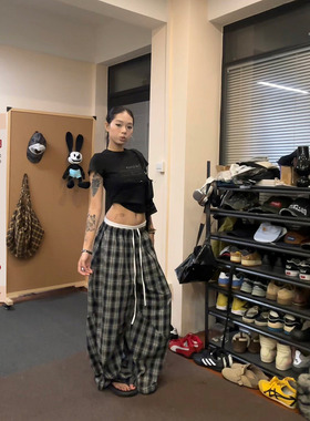 F383 美式复古慵懒风百搭格子裤男女爵士舞双腰头拼接宽松阔腿裤