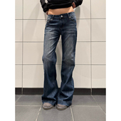 F383 ins 女设计感显瘦百搭休闲长裤 美式 复古辣妹竹节纹微喇牛仔裤