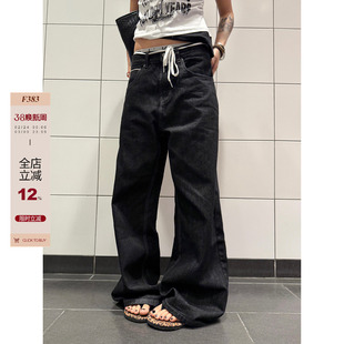 F383 美式复古黑色赤耳原牛直筒A字牛仔裤男女街头百搭阔腿长裤子
