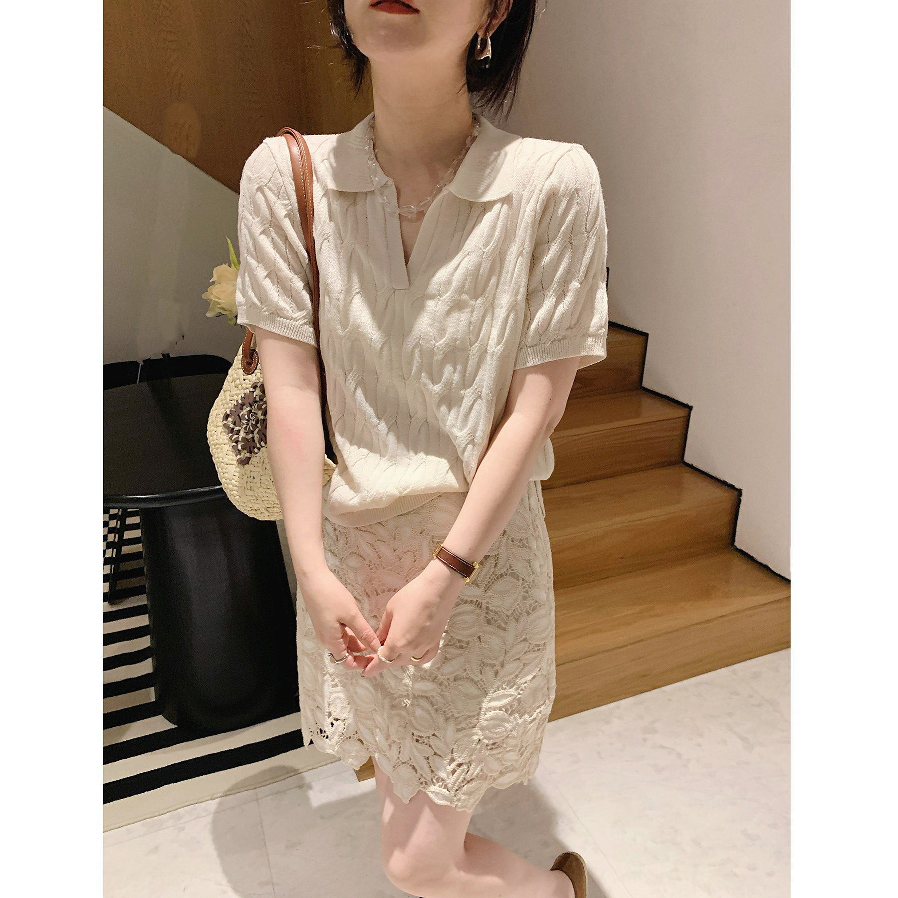 misslady法式复古麻花翻领薄款短袖针织衫女上衣温柔宽松显瘦夏季