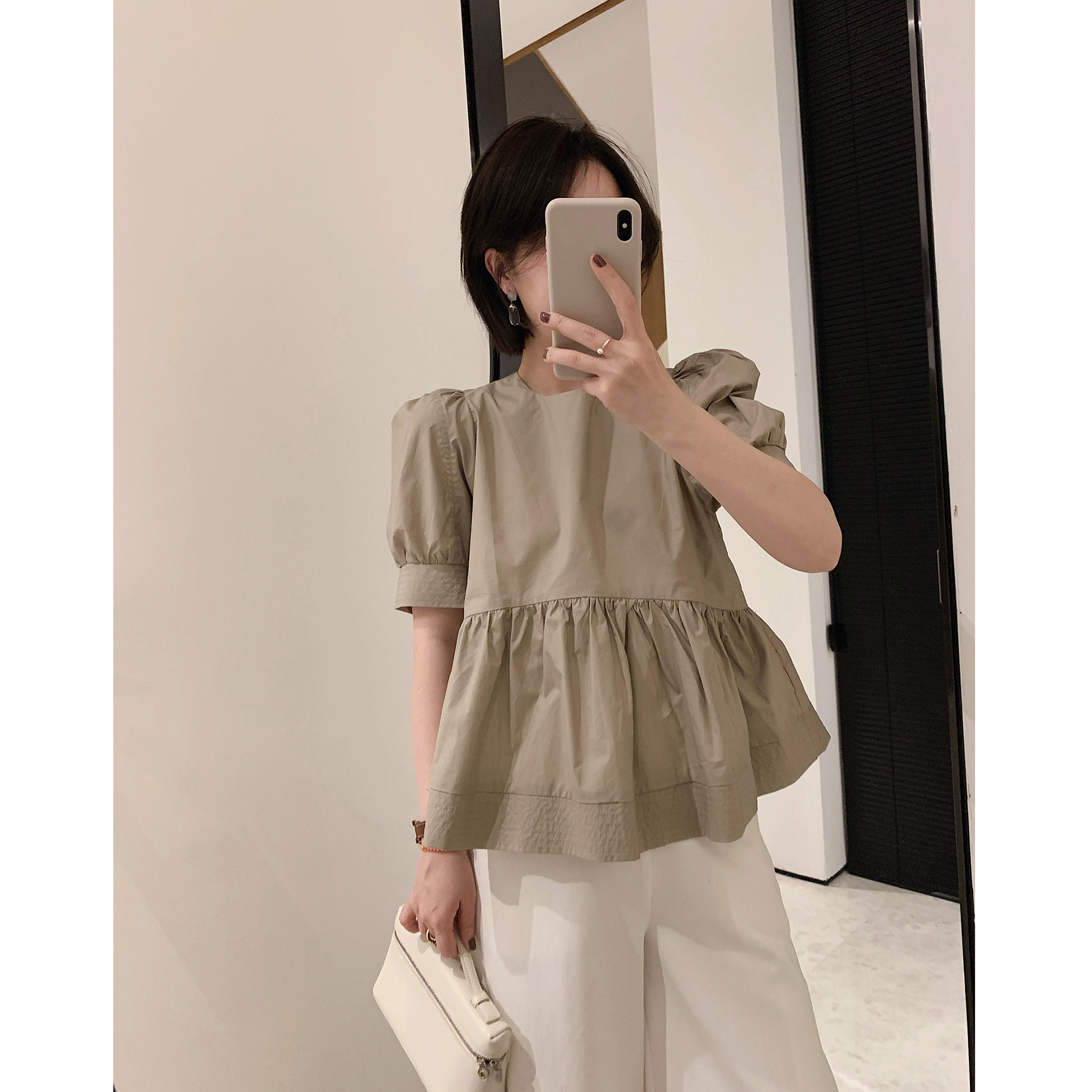 misslady法式复古泡泡袖短袖衬衫女夏季小个子衬衣娃娃衫上衣小衫