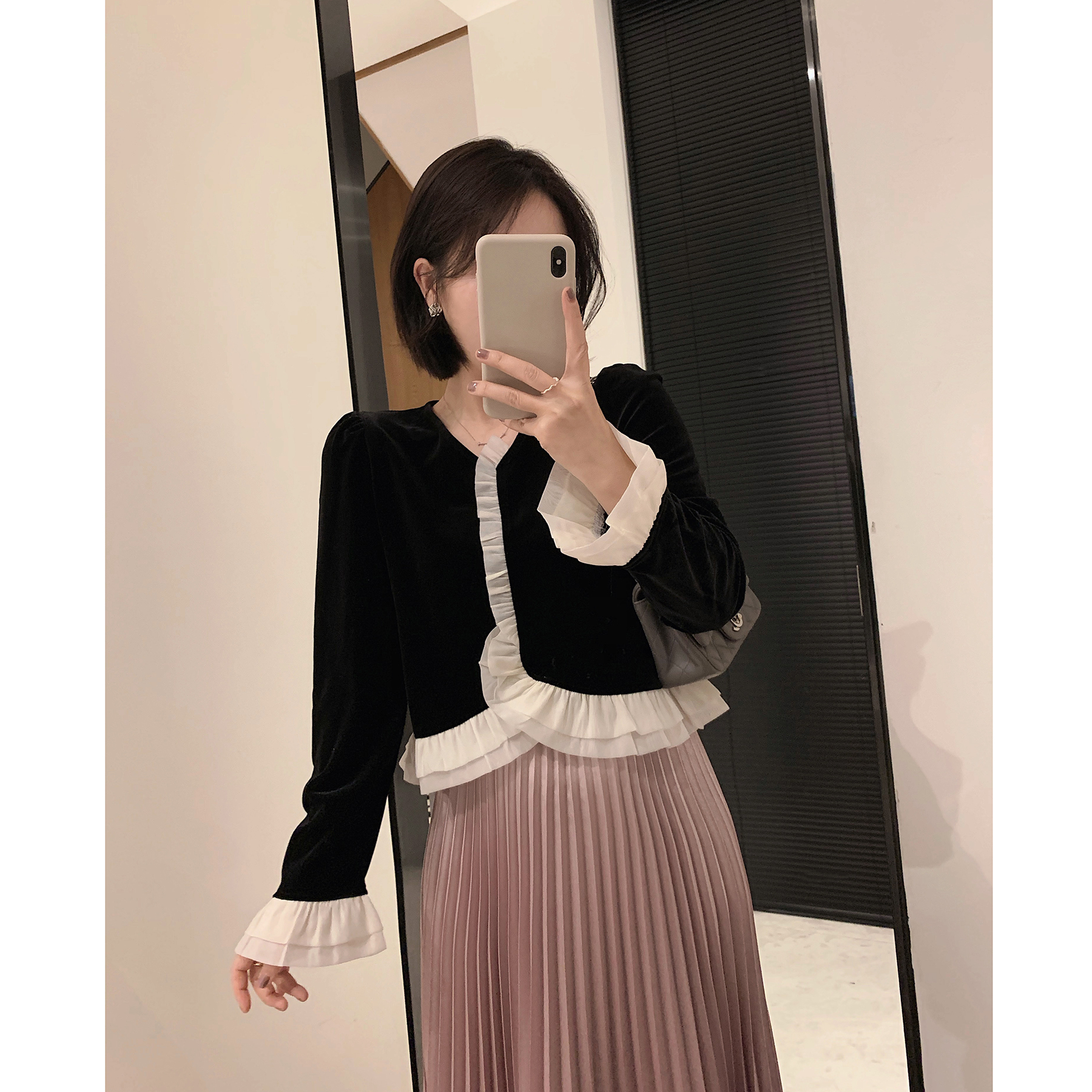 misslady木耳边复古法式上衣开衫外套小众设计高级感丝绒上衣新款