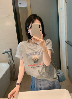 misslady字母印花灰色短袖T恤女上衣韩系松弛减龄百搭夏季休闲潮