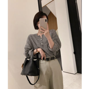 misslady自留款 女宽松显瘦百搭半开扣衬衣 复古亚麻格子上衣衬衫