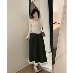 misslady下摆荷叶边针织半身裙子女高腰a字大摆垂感长裙法式 温柔