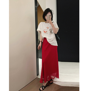 misslady红色波点显瘦复古高腰半身裙女修身包裹直筒鱼尾中长款夏