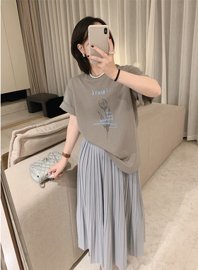 misslady韩系宽松慵懒洋气灰色字母印花圆领短袖T恤女百搭夏新款