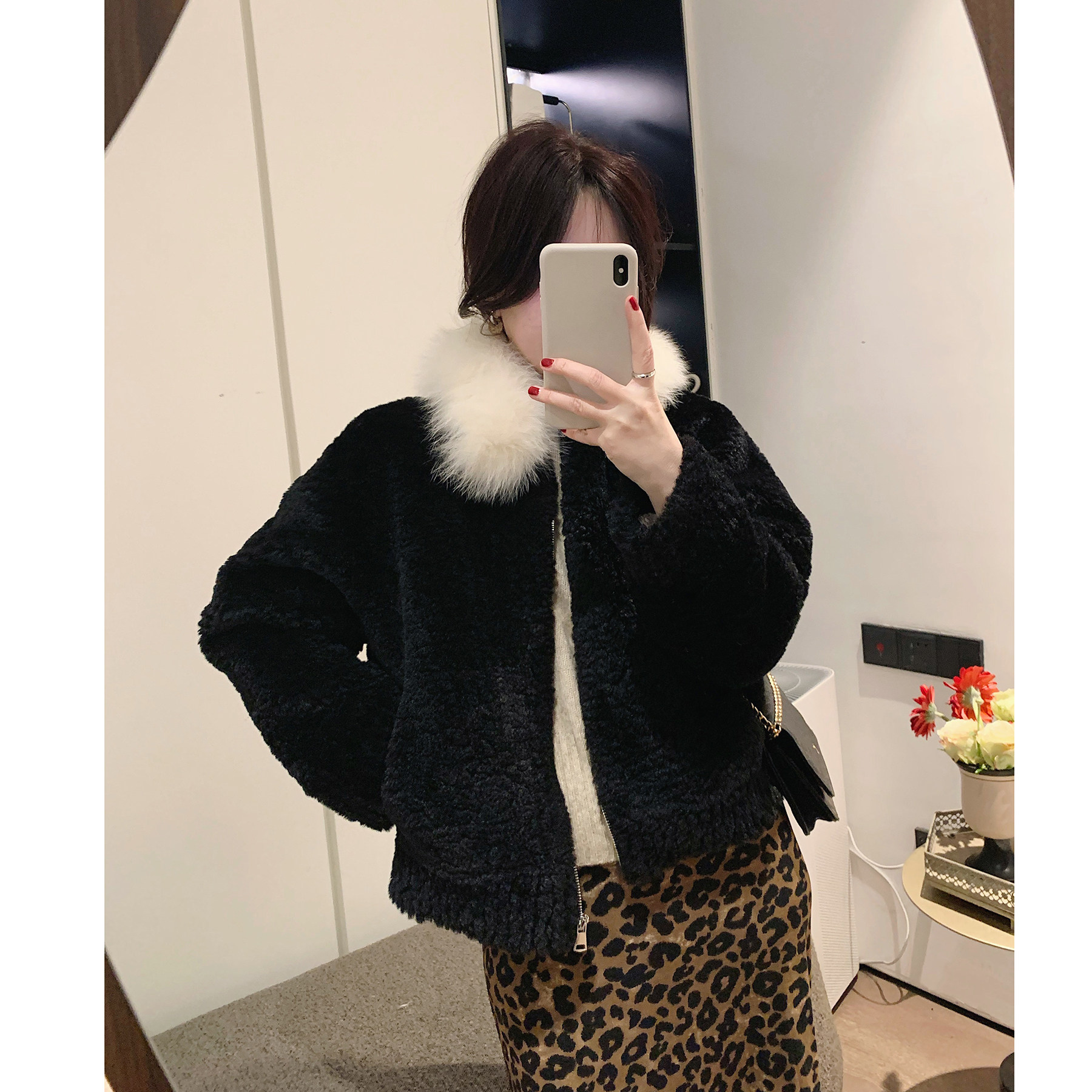 misslady真毛领黑色皮毛一体外套女高级感时尚夹克复古慵懒风衣潮