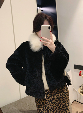 misslady真毛领黑色皮毛一体外套女高级感时尚夹克复古慵懒风衣潮