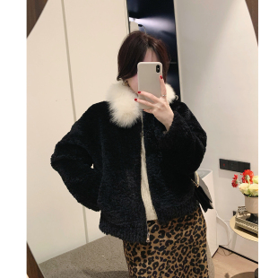misslady真毛领黑色皮毛一体外套女高级感时尚 夹克复古慵懒风衣潮