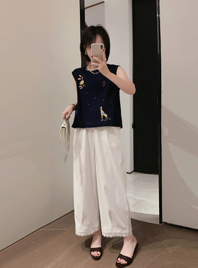 misslady白色洋气蕾丝九分裤子女高腰夏季直筒阔腿宽松显瘦设计感