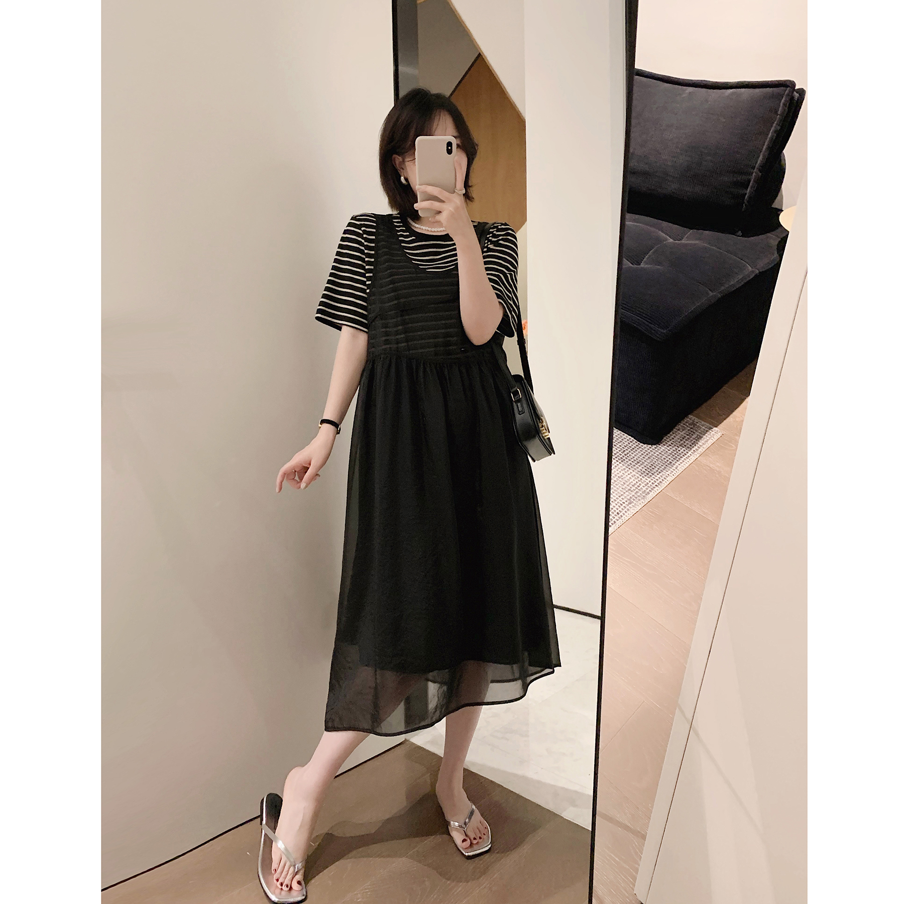 假两件复古条纹连衣裙