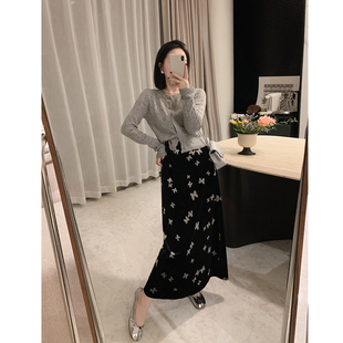 misslady法式 裙 复古秋冬丝绒蝴蝶结精致黑色a字半身裙高腰中长款